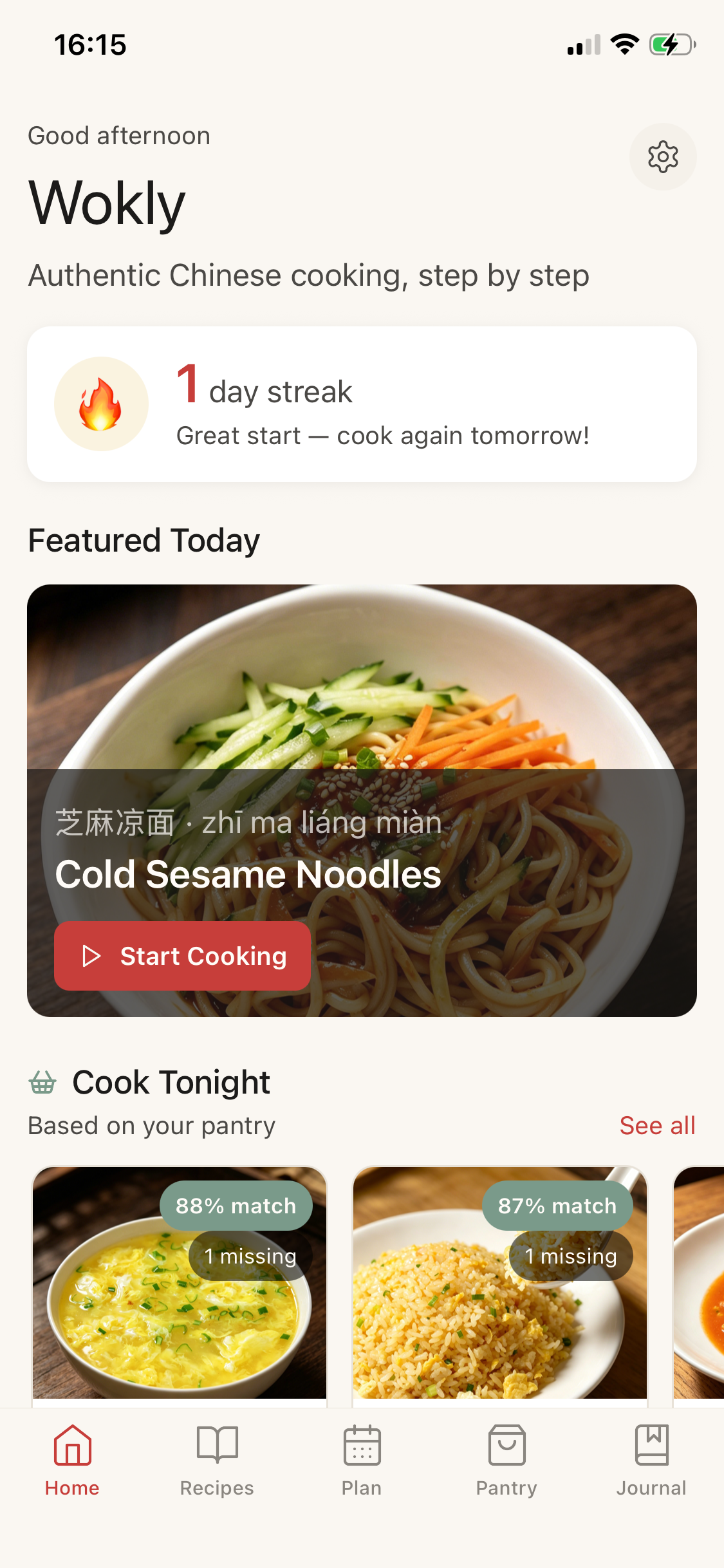 Wokly app home screen showing featured recipe and pantry matches